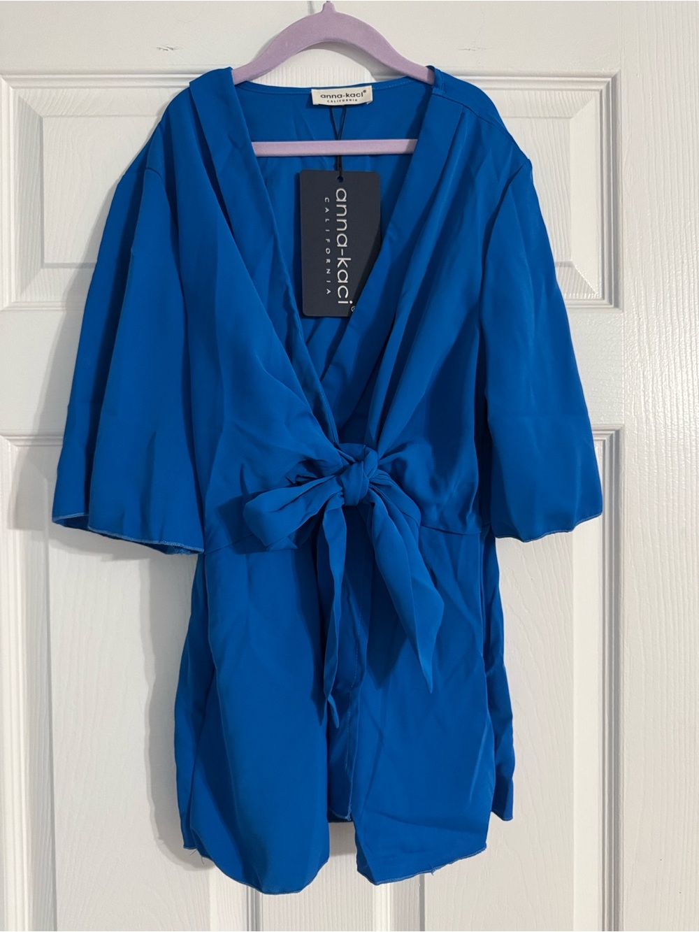 anna-kaci Royal Blue Tie-Front V-Neck Tunic Top